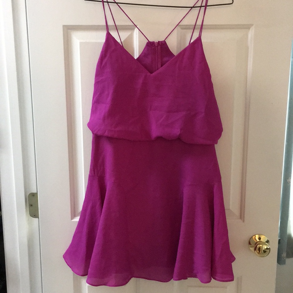 Lulu’s large strappy fuchsia flowy mini dress